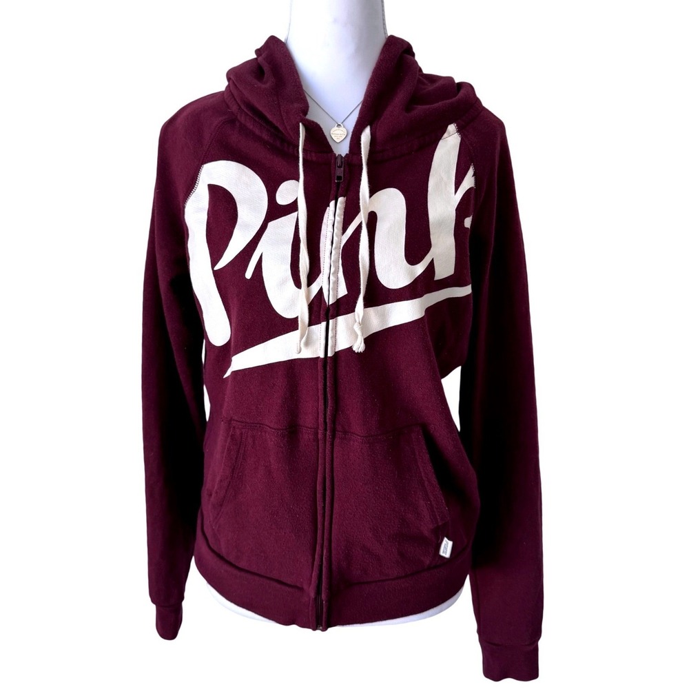 Victoria's Secret PINK Zip Up Hoodie Burgundy Graphic‎ Logo Small